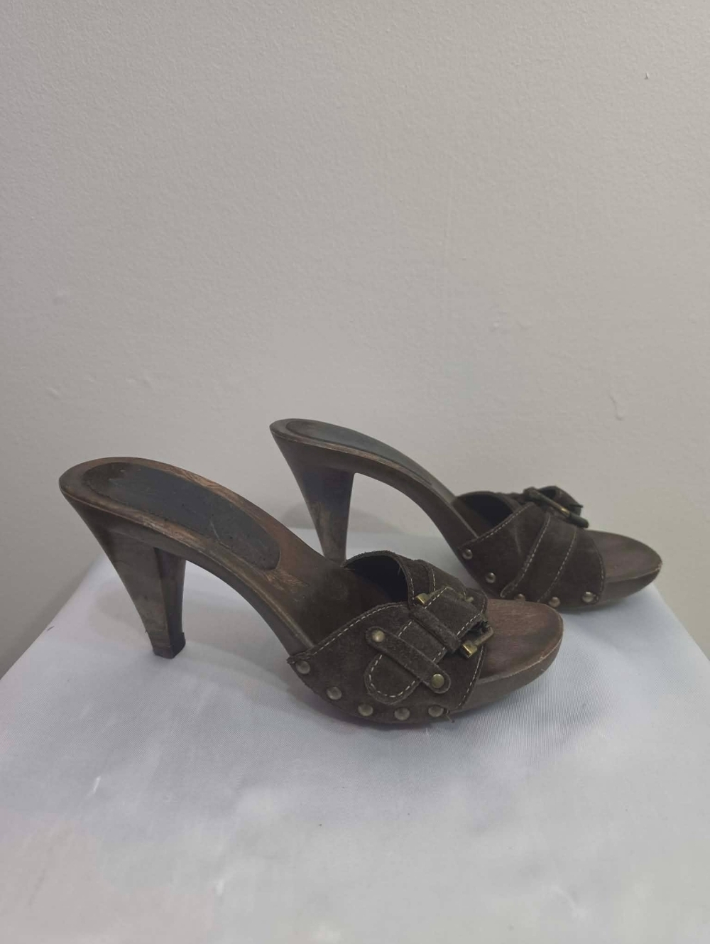 Zena Women's Brown Suede Slide Heels with Buckle Detail